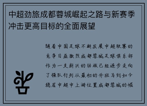 中超劲旅成都蓉城崛起之路与新赛季冲击更高目标的全面展望 中超劲旅成都蓉城崛起之路与新赛季冲击更高目标的全面展望
