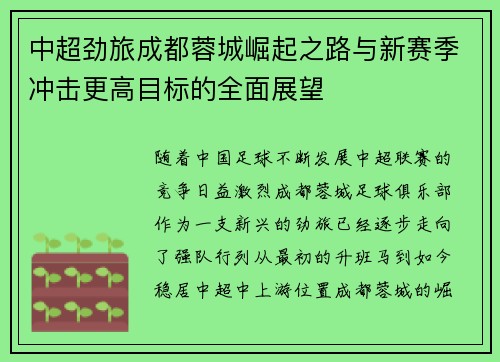 中超劲旅成都蓉城崛起之路与新赛季冲击更高目标的全面展望