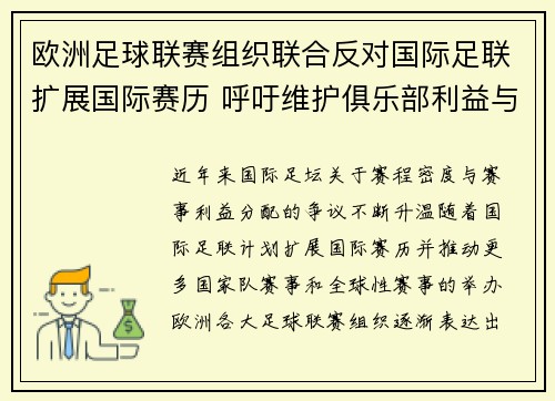 欧洲足球联赛组织联合反对国际足联扩展国际赛历 呼吁维护俱乐部利益与球员健康