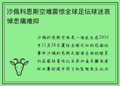 沙佩科恩斯空难震惊全球足坛球迷哀悼悲痛难抑